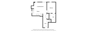 A black and white drawing of a house layout with a living/dining room, kitchen, bath, bedroom, and entry.