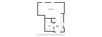 A floor plan of a small apartment with a living area, bathroom, and kitchen.