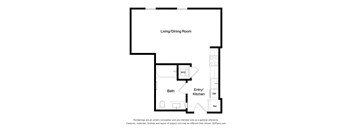 A floor plan of a small apartment with a living/dining room, bathroom, and kitchen.