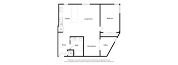 A floor plan of a house with a kitchen, living room, dining room, bedroom, bath, and office.