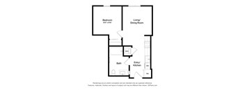 A floor plan of a room with a bedroom, living/dining room, bath, entry/kitchen, and a laundry area.