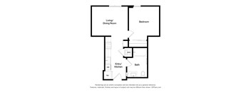 A floor plan of a small apartment with a living/dining room, bedroom, entry/kitchen, and bath.