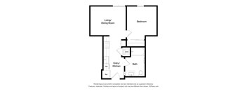 A floor plan of a small apartment with a living/dining room, bedroom, entry/kitchen, and bath.
