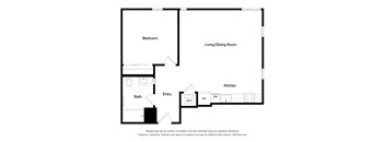 A floor plan of a small apartment with a bedroom, living/dining room, kitchen, and bathroom.