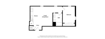 A black and white drawing of a house layout with a kitchen, living room, dining room, bathroom, bedroom, and entry.