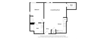 A floor plan of a small apartment with a bedroom, living/dining room, kitchen, bath, and entry.