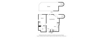 A drawing of a house with a roof deck and a living/dining room.
