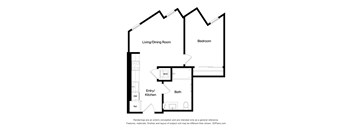 A black and white diagram of a house layout with a living/dining room, kitchen, bath, and bedroom.