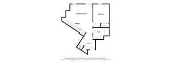 A floor plan of a house with a living/dining room, kitchen, entry, bath, and bedroom.