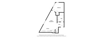 A black and white drawing of a house layout with a kitchen, living/dining room, and bedroom.
