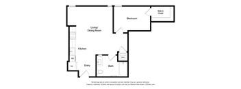 A black and white drawing of a house layout with a living room, dining room, kitchen, bathroom, bedroom and entry.