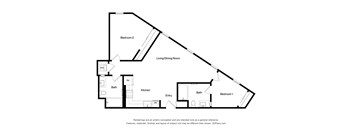 A black and white diagram of a house layout with two bedrooms, a living/dining room, kitchen, two bathrooms, and an entry.