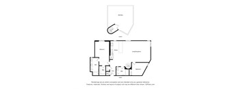 A floor plan of a house with a living room, two bedrooms, a bathroom, and a kitchen.