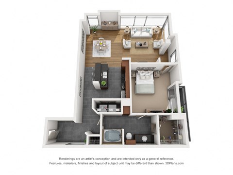 a stylized floor plan of a 1 bedroom apartment