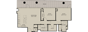 A floor plan of a house with a relaxation area, two bedrooms, a bathroom, a kitchen, and two splash areas.
