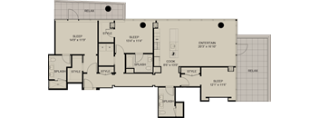 A floor plan of a house with labeled rooms such as "RELAX" and "ENTERTAIN".