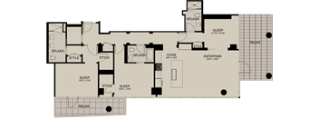 A floor plan of a house with labeled rooms such as SPLASH, SLEEP, STYLE, RELAX, and ENTERTAIN.