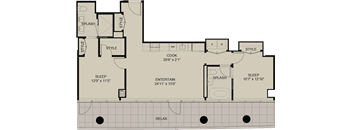 A floor plan of a house with a sleeping area, entertainment area, and a kitchen.