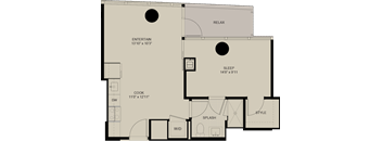 A floor plan of a house with labeled rooms such as RELAX, SLEEP, and COOK.