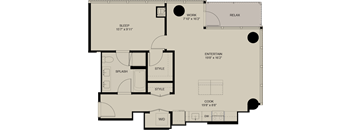 A floor plan of a house with labeled rooms such as sleep, work, and cook.
