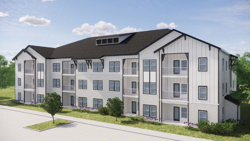 a rendering of a four story apartment building with a black roof