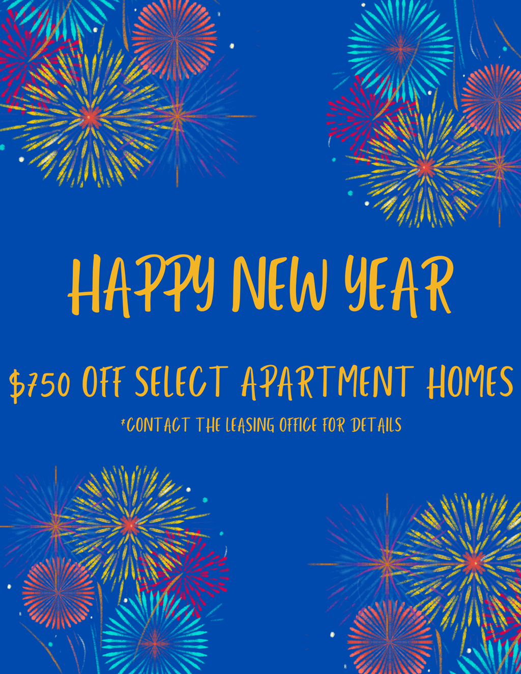 a blue background with fireworks and the text happy new year off select apartments