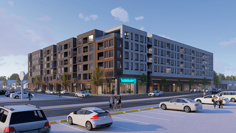 A large building with a blue light on the front.