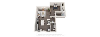 a stylized 3d floor plan with a bedroom and a living room
