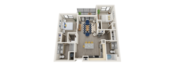 A top-down view of a small apartment with a kitchen, living room, and bathroom.