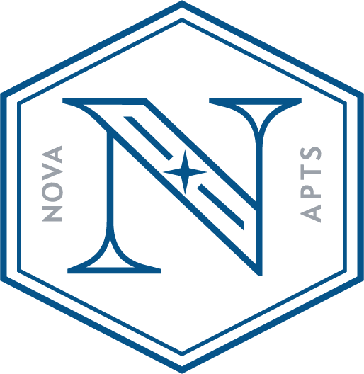 A blue and green emblem with the words NOVA APTS.