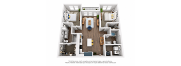 A 3D floor plan of a small apartment with a kitchen, living room, and two bedrooms.