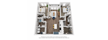 A 3D floor plan of a two-bedroom apartment with a living room, kitchen, and bathroom.