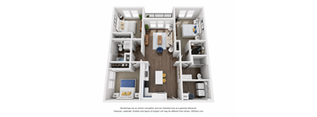 A 3D floor plan of a small apartment with a kitchen, living room, and two bedrooms.