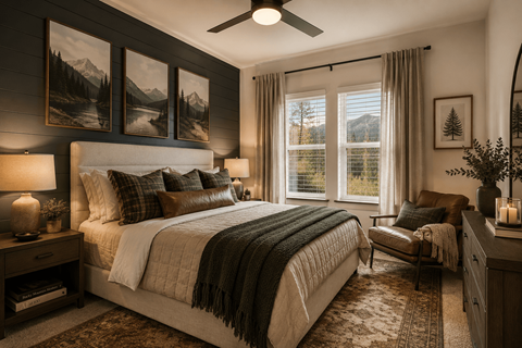A bedroom with a large bed and a mountain painting on the wall.