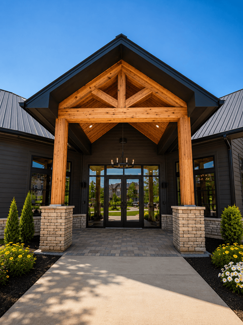 A building with a wooden entrance and pillars.