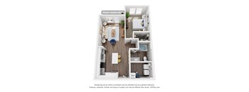 A 3D floor plan of a small apartment with a kitchen, living room, and bathroom.