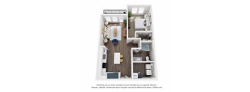 A 3D floor plan of a small apartment with a kitchen, living room, and bathroom.