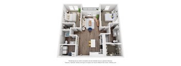 A 3D floor plan of a house with a kitchen, living room, and two bedrooms.
