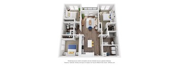 A 3D floor plan of a small apartment with a kitchen, living room, and two bedrooms.