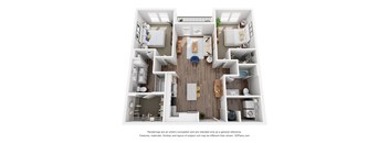 A 3D floor plan of a house with a kitchen, living room, and two bedrooms.