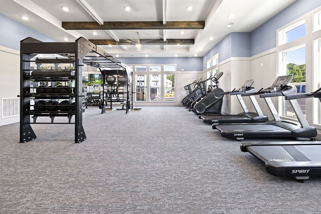 a gym with cardio equipment and weights on the floor