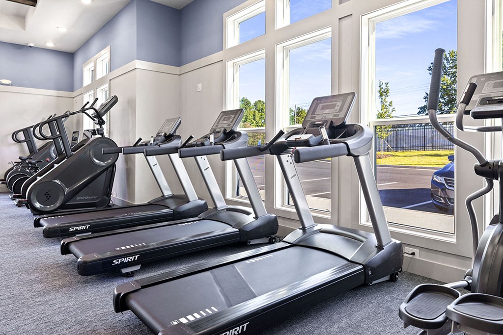 a gym with cardio equipment and large windows