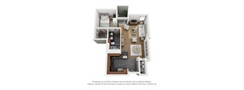 a stylized 3d floor plan with a bedroom and living room