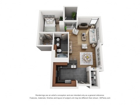 a stylized 3d floor plan with a bedroom and living room