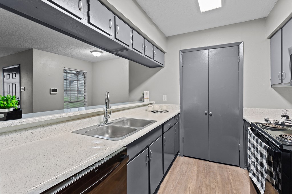 A modern kitchen with a sink, stove, and cabinets.