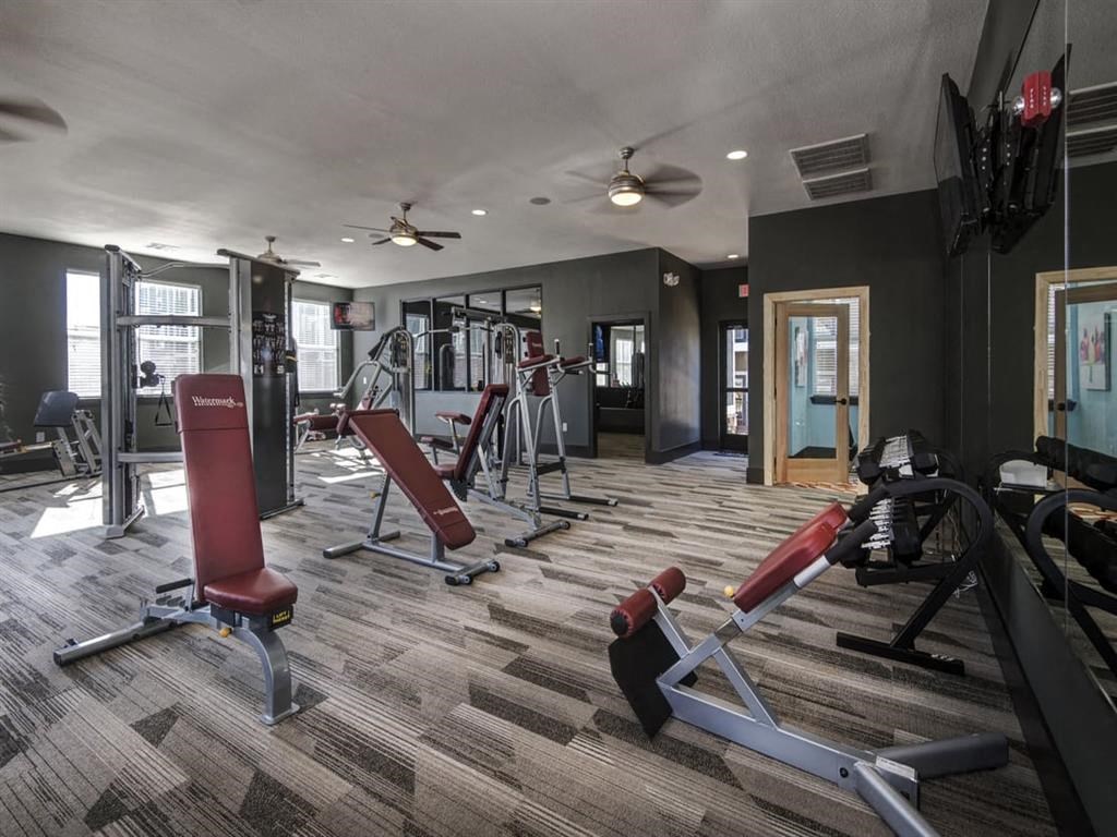 the gym is stocked with weights and other gym equipment