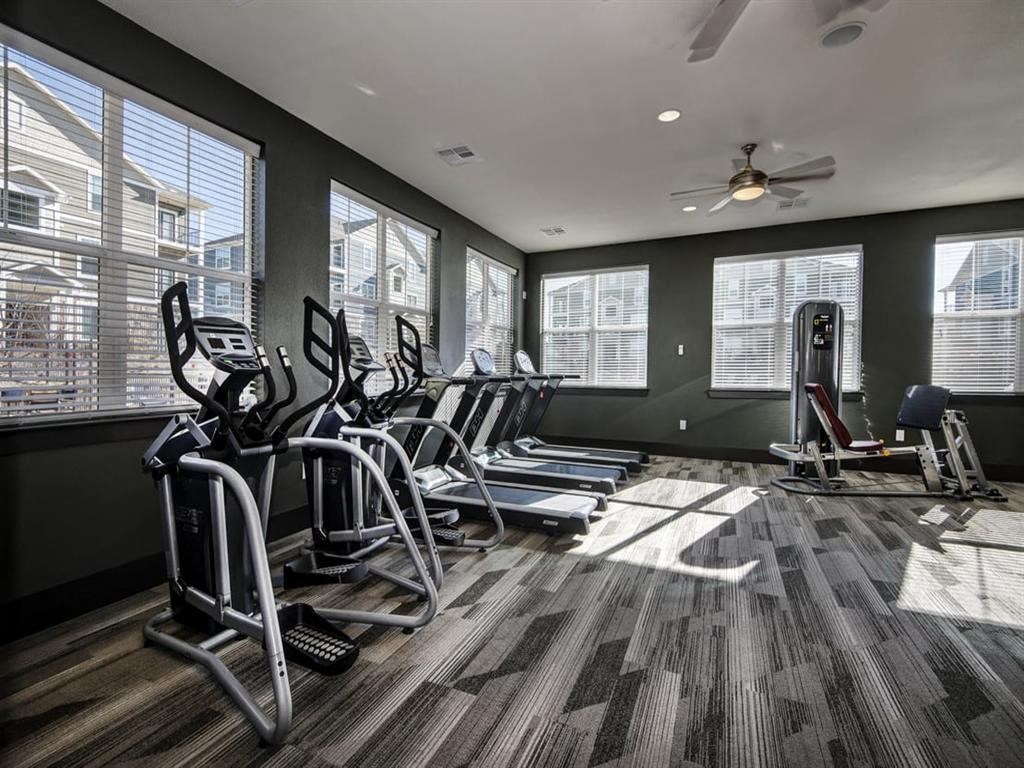 the gym is equipped with cardio equipment and windows