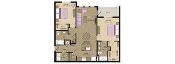 A floor plan of a house with two bedrooms, a living room, a dining room, a kitchen, a foyer, a bath, a linen closet, and a laundry room.