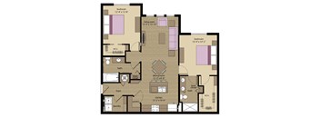 A floor plan of an apartment with two bedrooms, a living room, a dining room, a kitchen, a laundry area, a foyer, and a lounge closet.