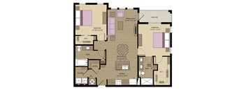 A floor plan of an apartment with a living room, two bedrooms, a dining room, a kitchen, a laundry room, a bath, a pantry, and a balcony.